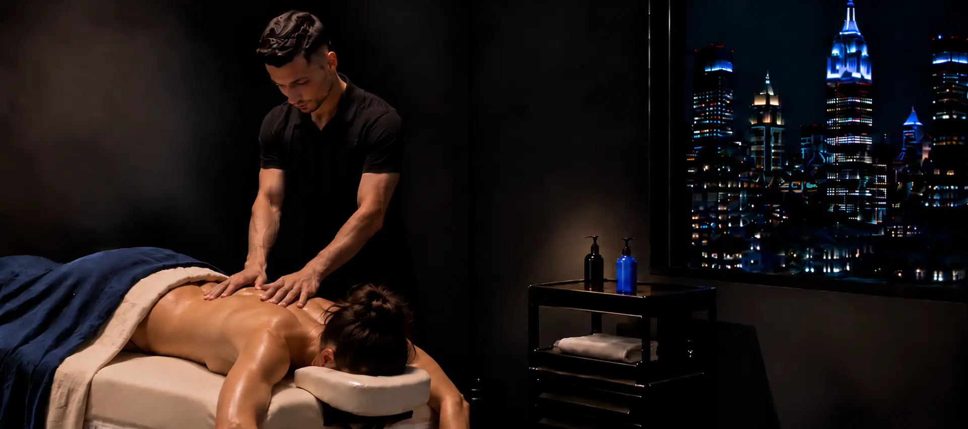 Licensed massage therapist performing a clinical thoracic paraspinal release on a client's mid back, with the Manhattan skyline visible through the window, at Elite Healers Sports Massage, a clinical sports massage and athletic recovery practice located at 120 East 56th Street, Suite 420, New York, NY 10022